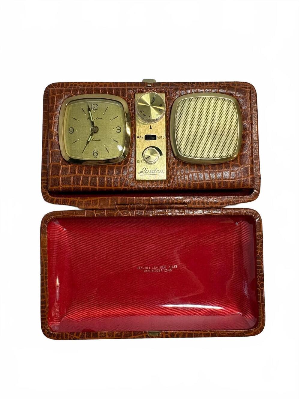 Vintage Linden Travel Alarm Clock Radio Leather Croc Case Hong Kong UNTESTED